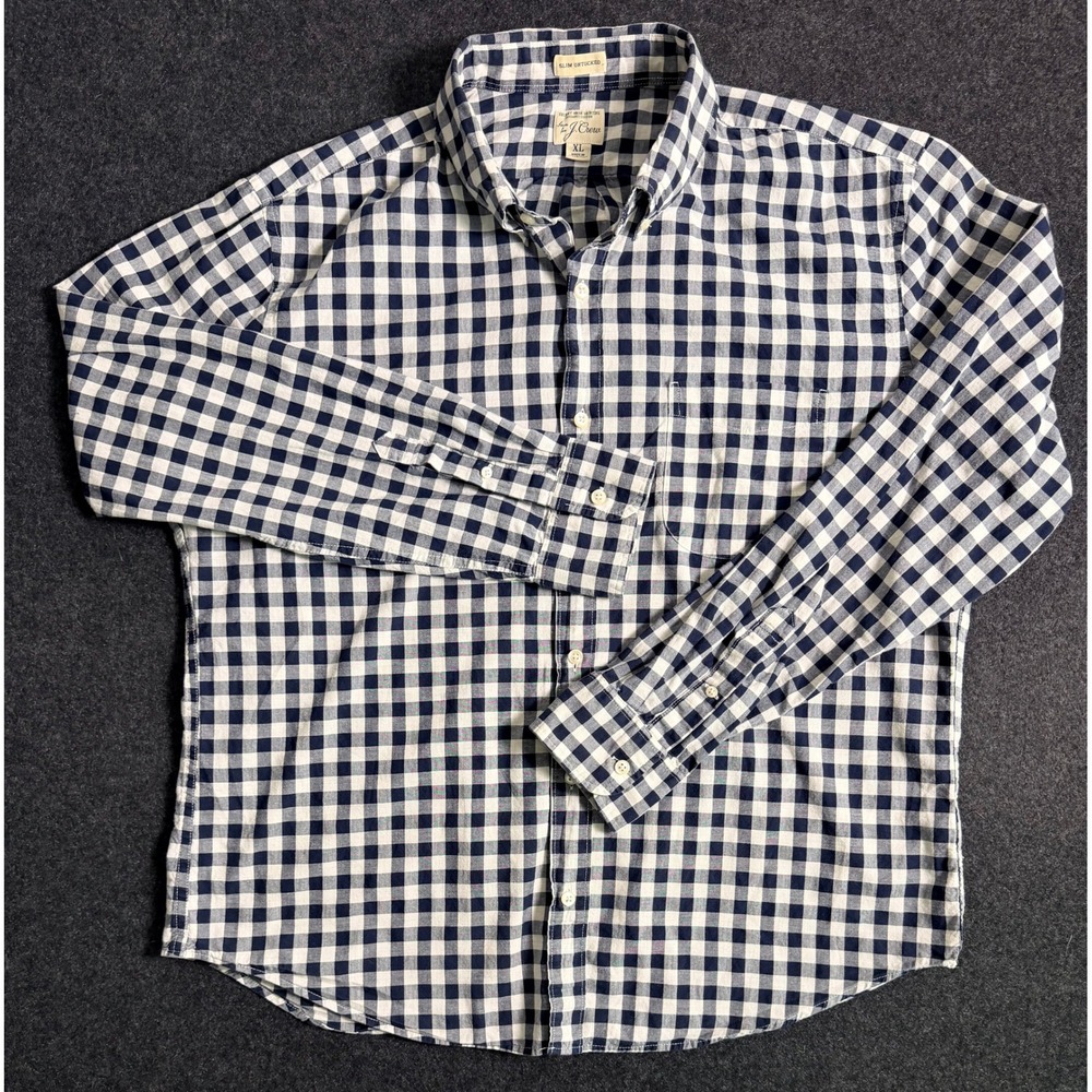 J. Crew Mens XL Slim Untucked Secret Wash Gingham Shirt Navy Blue White Organic